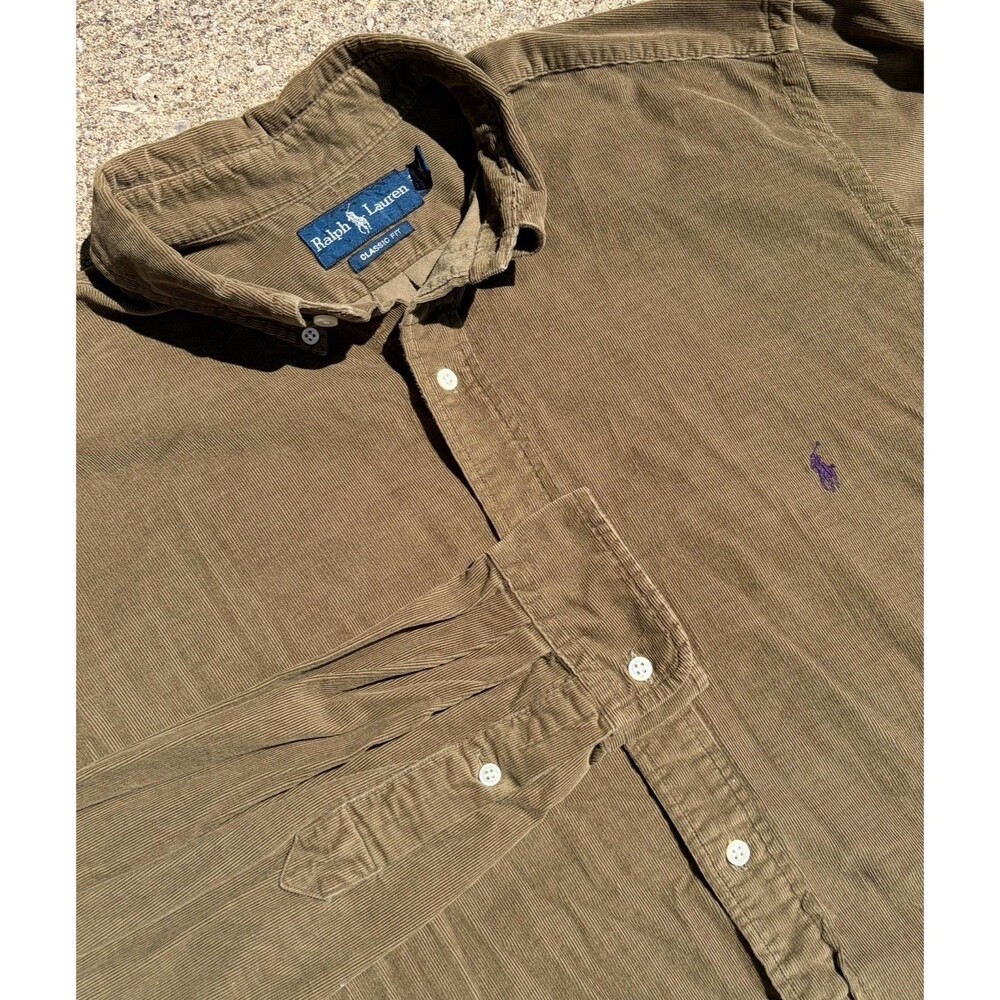 Vintage Ralph Lauren Corduroy Shirt Mens XLT Khaki Green Button Down 90s Autumn